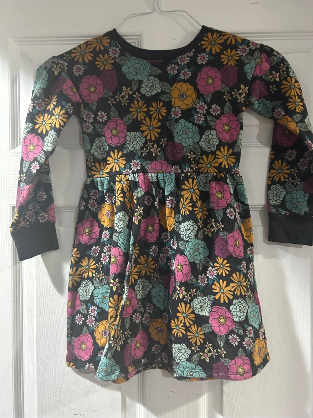 Sz 5 girls Black Floral Long-Sleeve Dress with Pink, Teal & Mustard Flowers